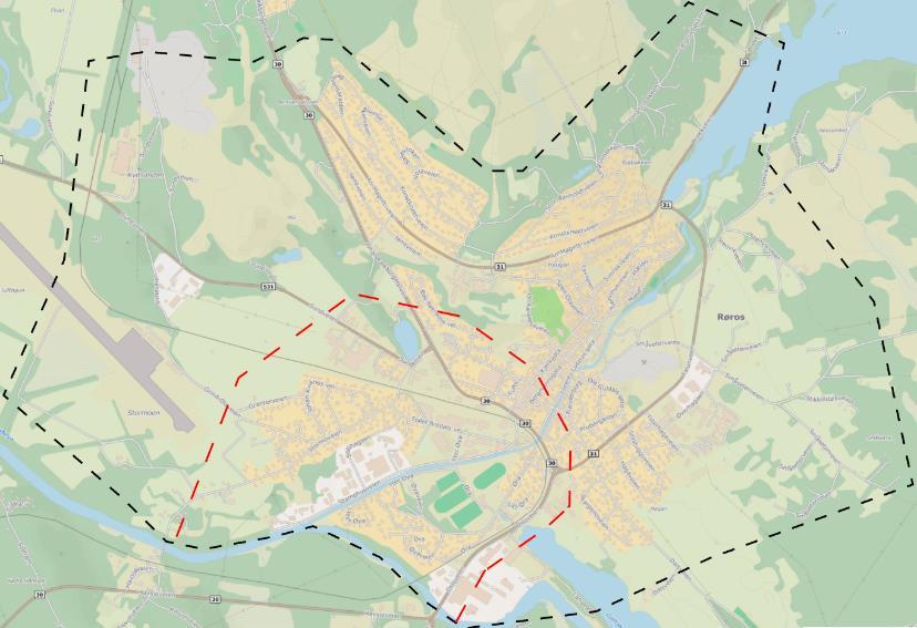 3 Aimsun-modell for Røros For å analyse de ulike tiltakene er det etablert en trafikksimuleringsmodell. Modellen er etablert som en mikroskopisk trafikkmodell i trafikksimuleringsverktøyet Aimsun.