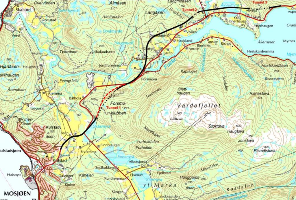 Figur 1: Oversiktsfigur fra Statens vegvesen sin ingeniørgeologirapport. Endring av veglinje for Tunnel 1 og dagsonen er skissert med rød stiplet linje (Statens vegvesen, 2010a).