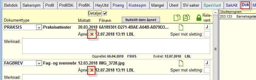 Kartotekkort Dok Det er lagt til et valg for å slette informasjon om at dokument er lest (rødt kryss til