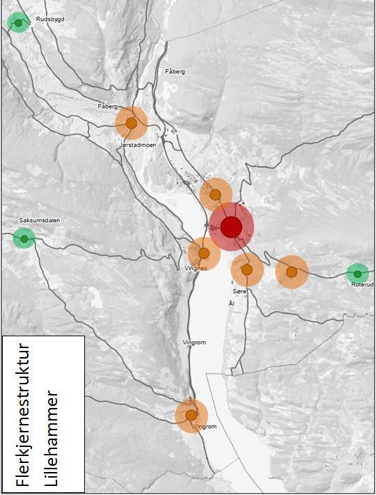 Planens hovedgrep Kommuneplanens arealdel og kommunedelplan for Lillehammer by har definert følgende hovedgrep: Flerkjernestruktur (se kart) Økt fokus på fortetting Økt fokus på blå-grønne strukturer