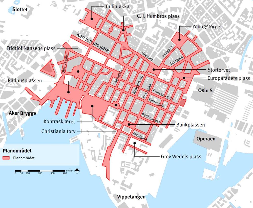 Planområdet Planområdet omfatter Gater, torg, plasser og parker innenfor Ring 1 P-husene Paleet og Bankplassen Totalt areal ca.