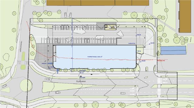 Bygget er flyttet 1,5 meter nærmere Byåsveien, trafikkareal mot øst. Figur 2: Alternativ 2. Næringsdelen er flyttet inntil Byåsveien. Boliger er plassert som i alternativ 1.