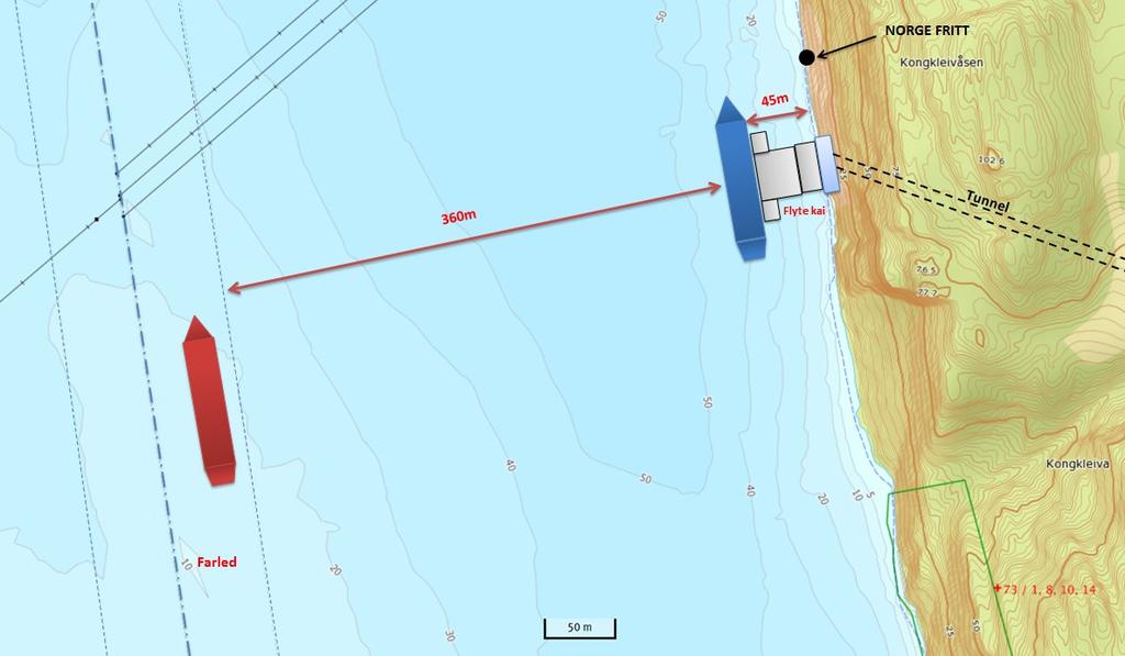 Figur 2.1: Illustrasjon med omtrentlig plassering av ny kai. Endelig plassering, konstruksjonsprinsipp og utforming er ikke fastlagt.