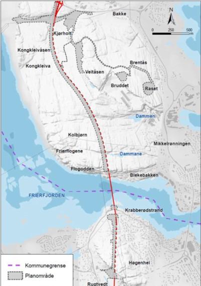 Figur 5.4: Avgrensning av planområdet for ny E18 (Kilde: Nye veier, planbeskrivelse E18 Langangen Rugtvedt, Regulering Sør, Kjørholt Rugtvedt) 5.