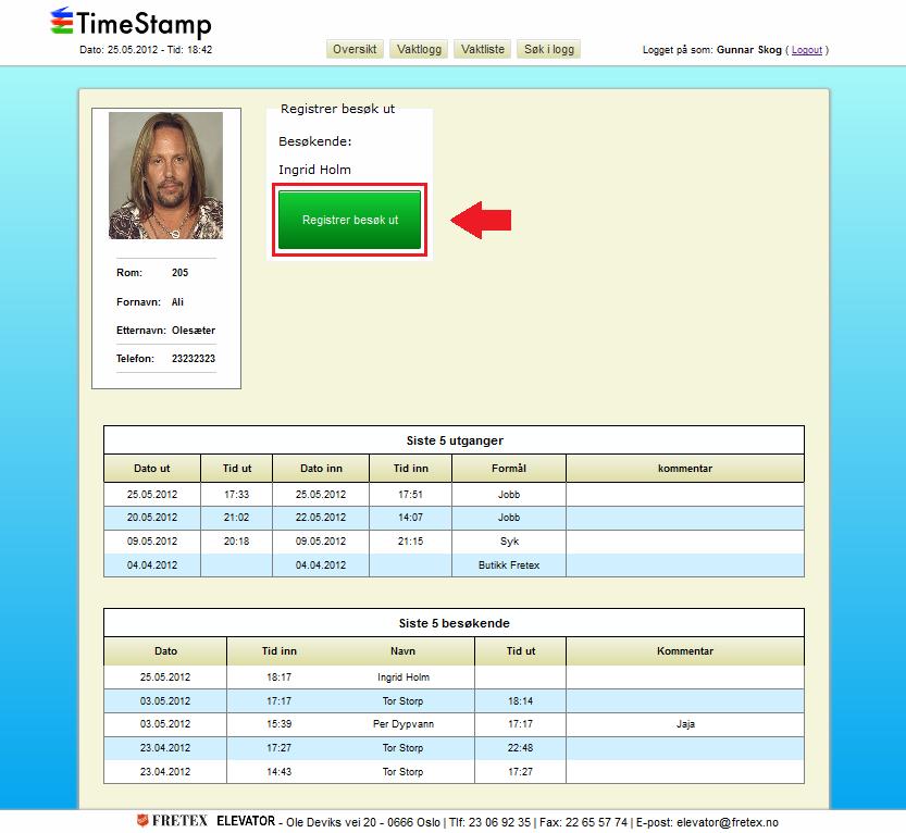 3.5 Registrere ut besøkende For å registrere besøkende ut igjen, klikkes det på den blå status -knappen til den samme beboeren,