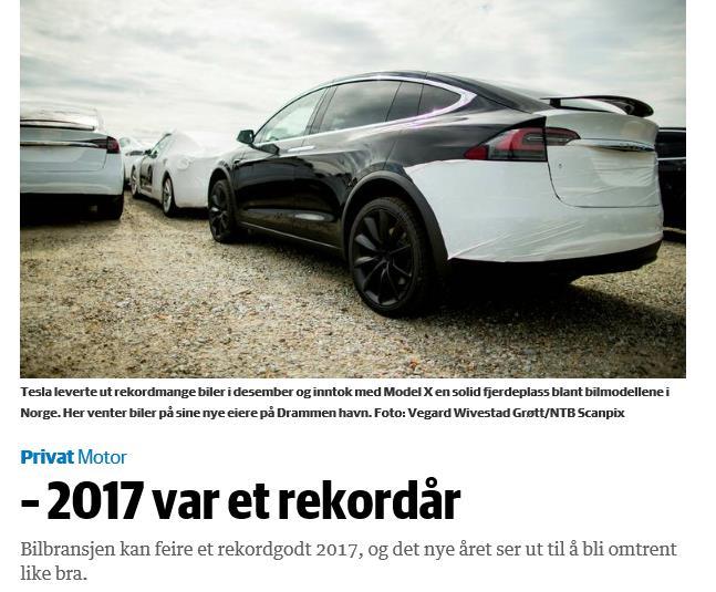 Bilparken er i stor endring - nybilsalg i 2017 høyeste siden 1986 - pga el-bil opp ca 35%, mens bensin/diesel ned 23% 158,650 nye personbiler i 2017 50,000 nye personbiler med hybriddrift (+31%),