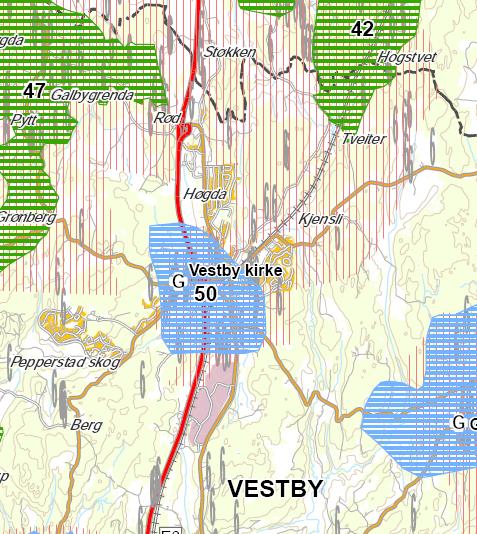 Figur 5.6 Lyseblå skravur viser avgrensning av kulturlandskapsområde nr. 50 Vestby kirke med omgivelser, som av Akershus fylkeskommune er vurdert å ha nasjonal og/eller regional verdi.