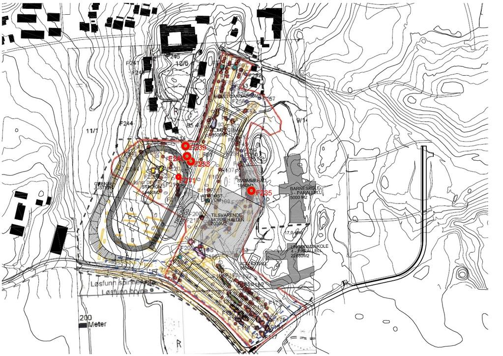 Figur 7.3 Illustrasjonen viser funnene sammenstilt med illustrasjonsplanen for utbygging av Sole skog skole og idrettsanlegg.