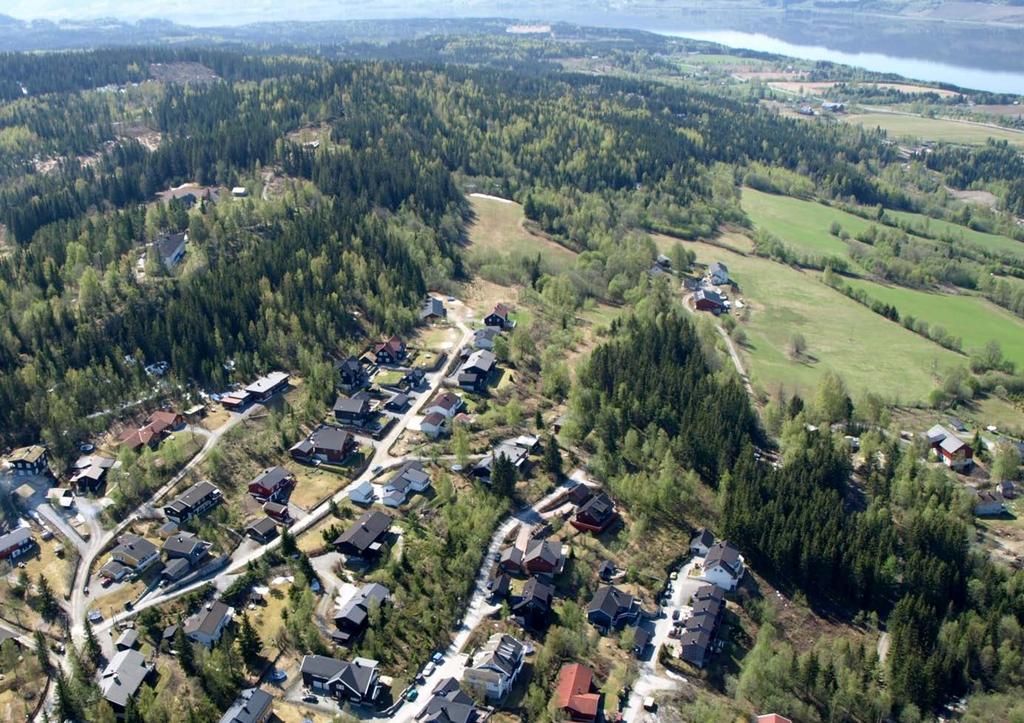 Foto: Området sett mot sør med Mjøsa i bakgrunnen. Tomtens beliggenhet er vist med rød ring.