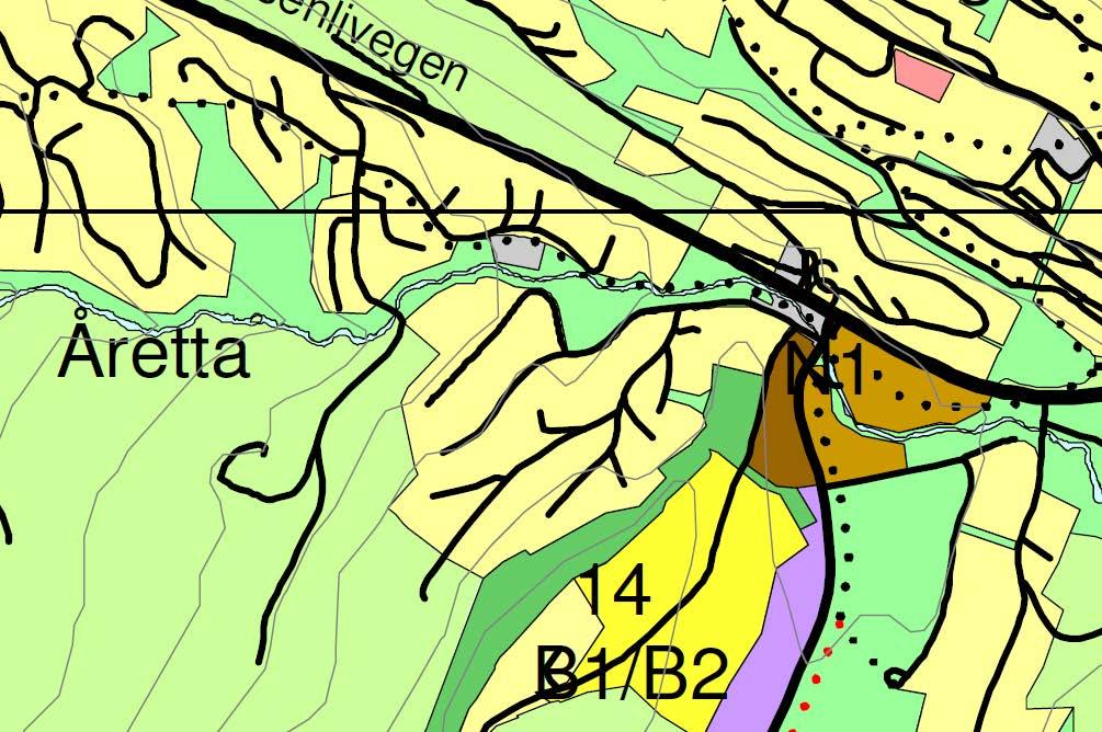 Som vist på utsnittet under ligger den omsøkte tomten i LNF-område, der den grenser mot eksisterende boligformål.