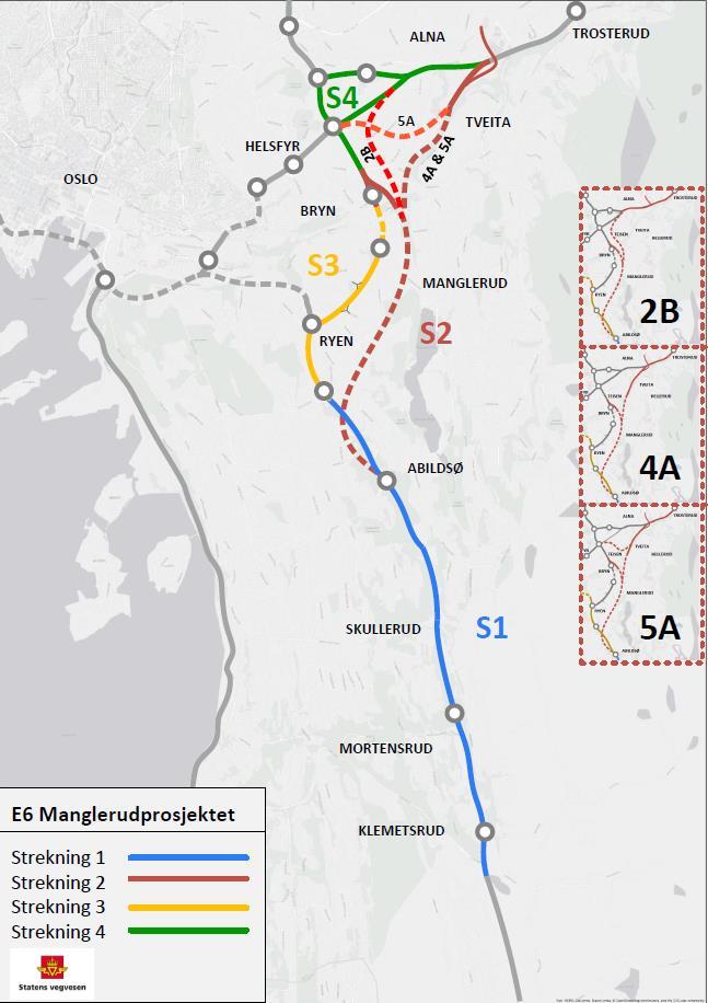 E6 Manglerudprosjektet. Omfatter strekningen Klemetsrud Abildsø - Ryen Ulven/Alna (13 km). Strekning 1: Klemetsrud-Abildsø-Ryen. Oppgradering med kollektivfelt/ tungtrafikkfelt og sykkelekspressveg.