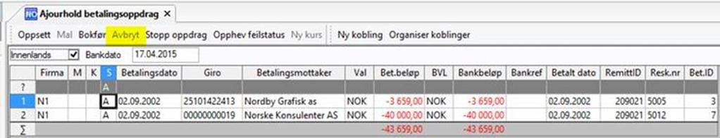 Innlesning av mottaksretur og avregningsretur som feiler Dette parameteret gir en mulighet til å definere tilgang til Avbryt på verktøymenyen I Ajourhold betalingsoppdrag (SU10).