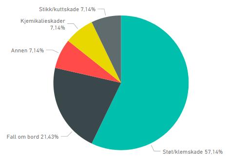 14 skader totalt siste fem år 8 av disse er støt/klemskader, 3 fall om bord.