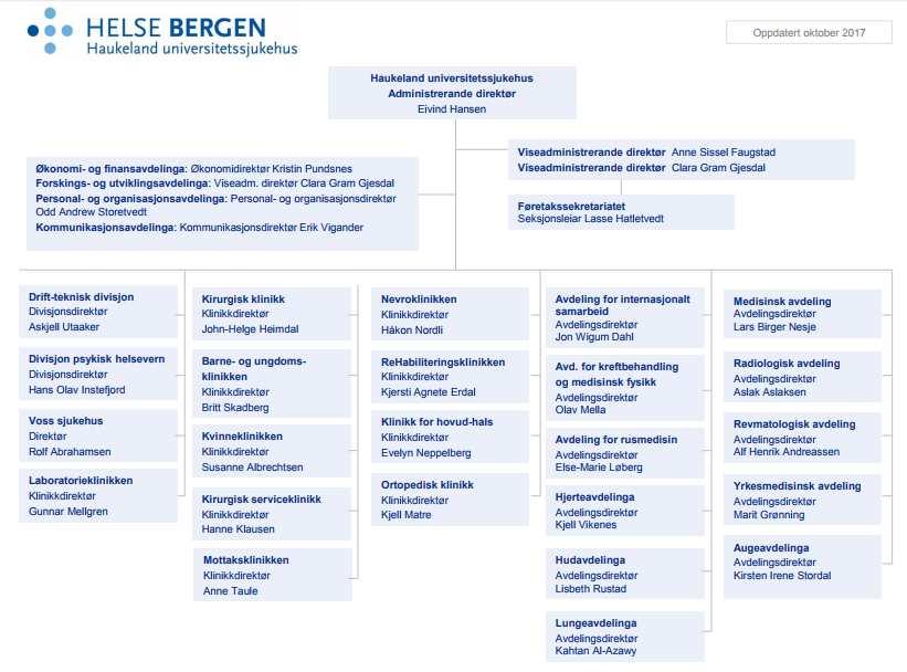1. Innledning Helse Bergen HF, Haukeland Universitetssjukehus, er eid av det regionale foretaket Helse Vest RHF og har om lag 12.000 tilsatte. I 2016 hadde helseforetaket ca 900.