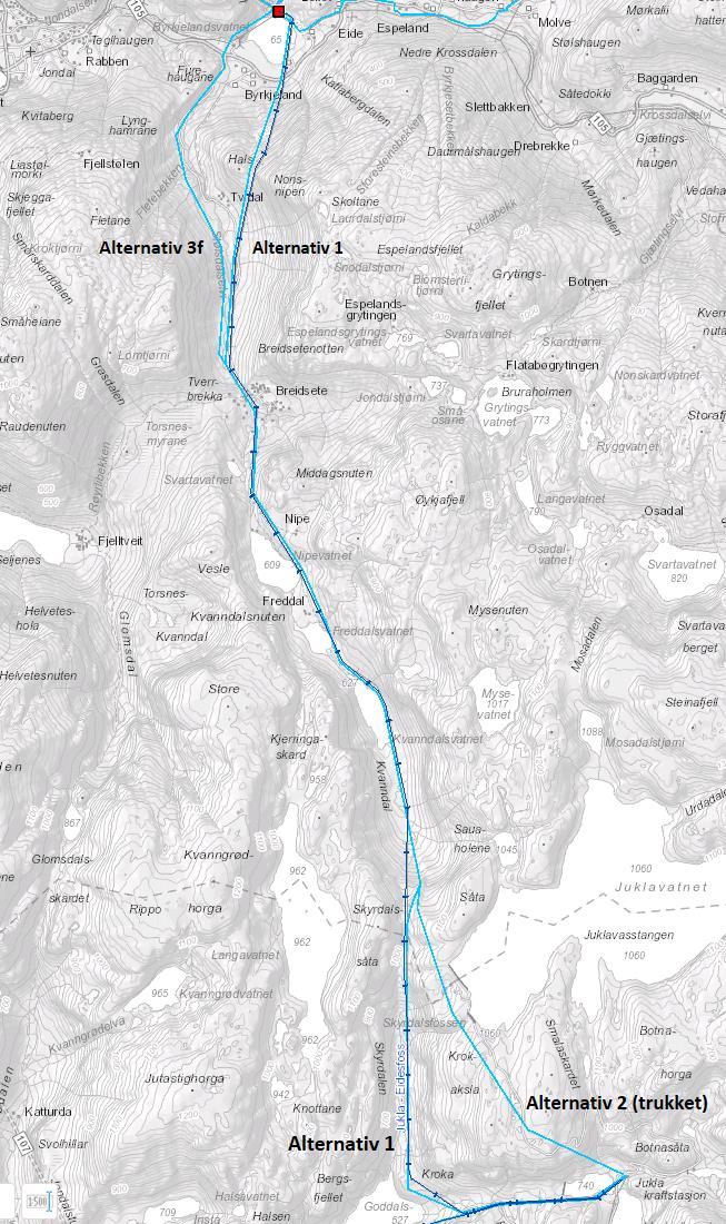 Side 22 Visuelle virkninger mellom Jukla og Eidesfossen Figur 8: Kart over omsøkte tiltak mellom Jukla og Mauranger.