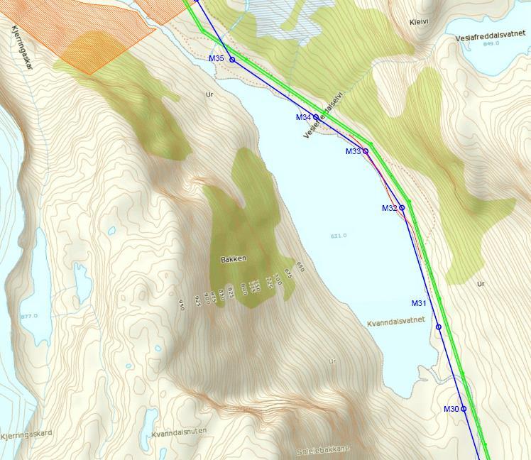 Side 33 Figur 10: Kartutsnitt av Kvanndalsvatnet som viser hvor den midlertidige anleggsveien er planlagt (merket med rød linje). Kilde: Statnett SF.