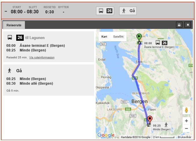 12 Figur 6: Reisetid Åsane terminal til Minde allé med ekspressbuss, kilde: Google reiseplanlegger. 4.