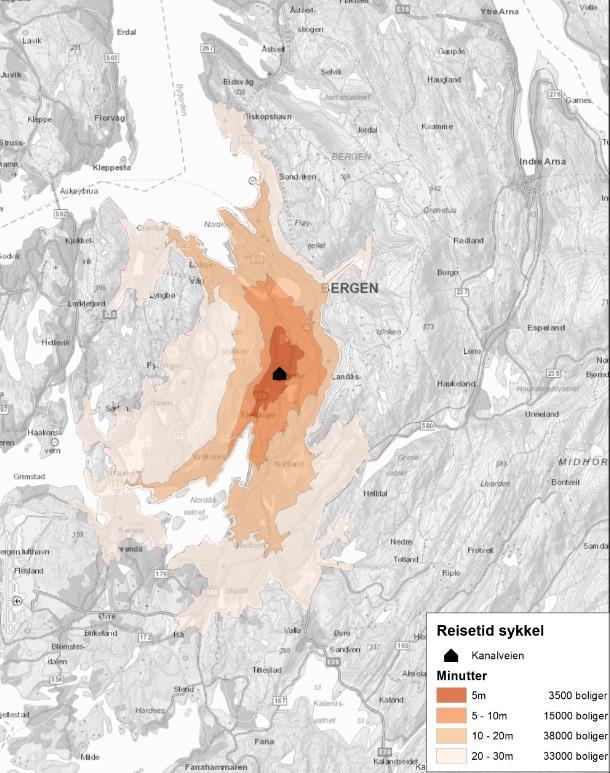 7 2.2 Sykkeltilgjengelighet Beregning av sykkeltilgjengelighet er en beregning av gjennomsnitt reisetid for bosatte langs vei/sykkelveinettet til ethvert målpunkt (100x100m matrisen).