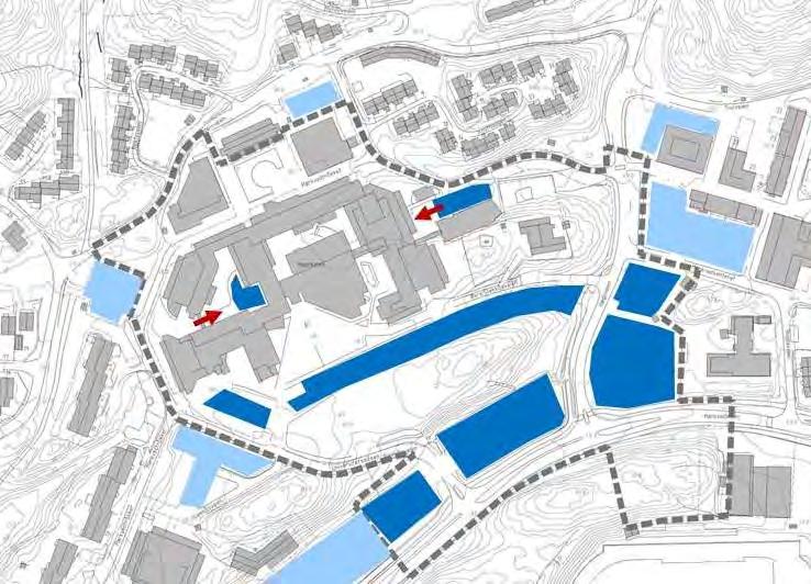 Det er to vareleveringer til UiN, i øst og vest, se Figur 15. Begge varemottakene nås via gangveien Mørkvedtråkket. Ved den østre vareleveringen er det regulert innkjøring med snuplass.