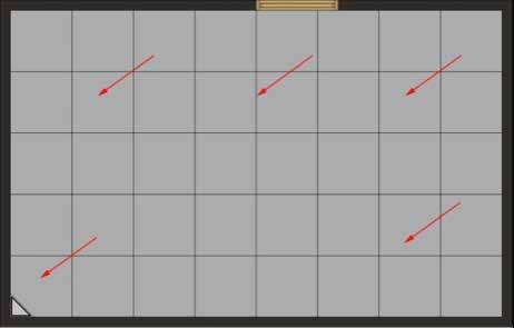 Eksempel H: Storformat på hele golvet, rennesluk midt på kortvegg Golvet (to størrelser): Middels: 3,2 x 1,6 m = 6,4 m 2 med 400 x 400 mm fliser med diagonalt, ensidig fall Stort: 4,8 x 3 m = 14,4 m