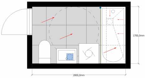 Eksempler med flere sluk i rommet Eksempel N2: Diagonalt fall på golvet mot badekarsområdet Golvet: 600 x 600 mm fliser lagt med diagonalt fall mot badekarsveggen.