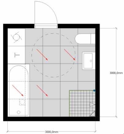 Eksempler med flere sluk i rommet Eksempel R: Diagonalt fall mot hjørnesluk Golvet: 600 x 600 mm fliser lagt med diagonalt fall mot dusjområdet.