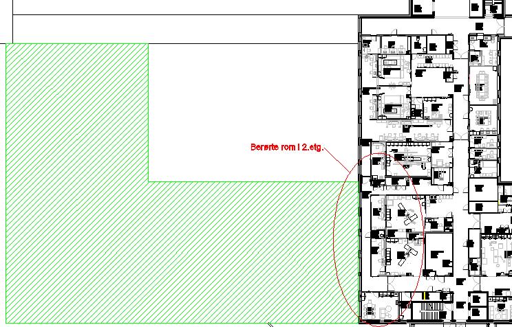 Figur 11 Illustrasjon av fremtidig utvidelse bygg 08 (behandlingsbygg) Ved å utvide bygg 08 på en slik måte vil det få omfattende konsekvenser for tilstøtende avdelinger innenfor eksisterende