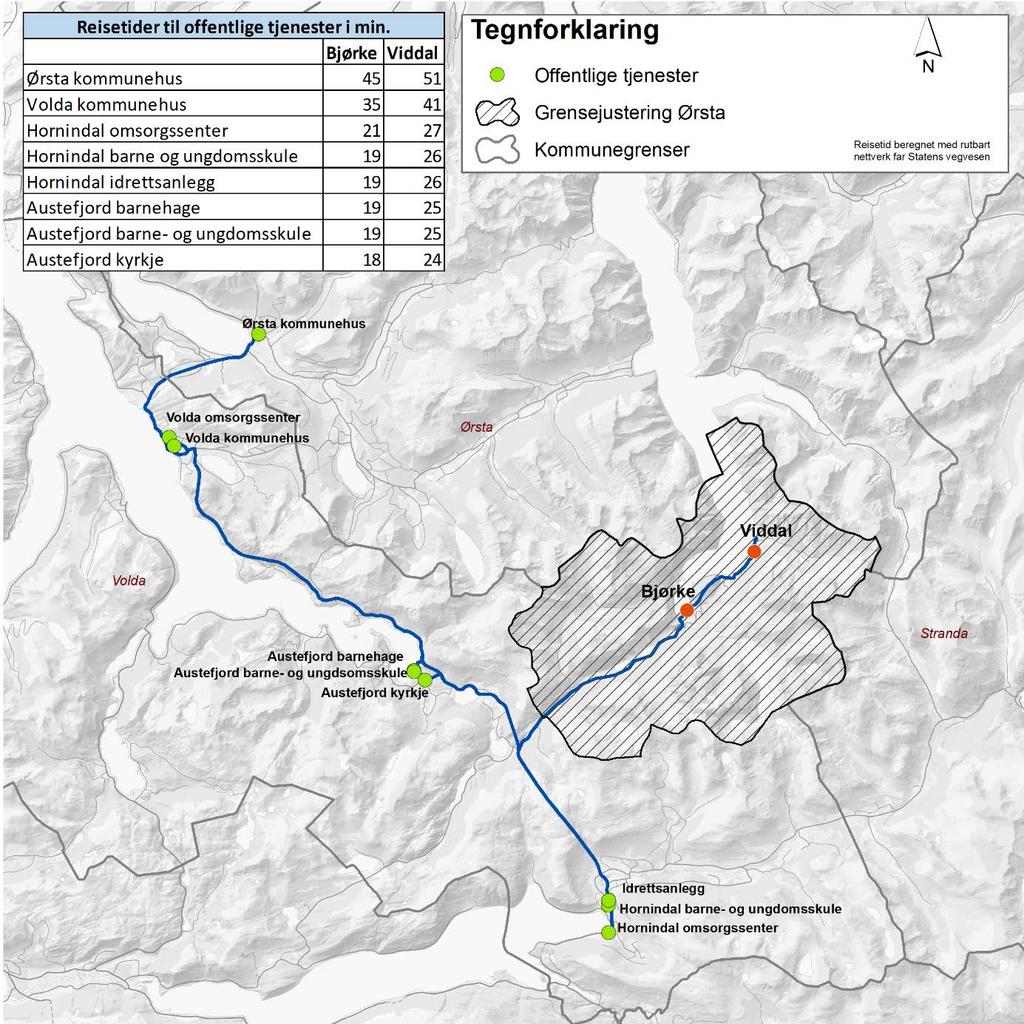 3.1.5 Kommunalt tenestetilbod 3.1.5.1 Reisetid/reiseavstand I figur 5 er det vist reisetid til kommunale tenester for Bjørke og Viddal til Grodås (sentrum i Hornindal kommune), Volda og Ørsta sentrum.