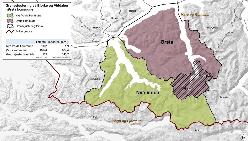 3.0 Utgreiing 3.1 Faktagrunnlag 3.1.1 Storleik og geografisk plassering Figur 2 grensejustering av Bjørke og Viddal - utarbeidd av Møre og Romsdal fylkeskommune Ørsta kommune ligg på søre Sunnmøre.