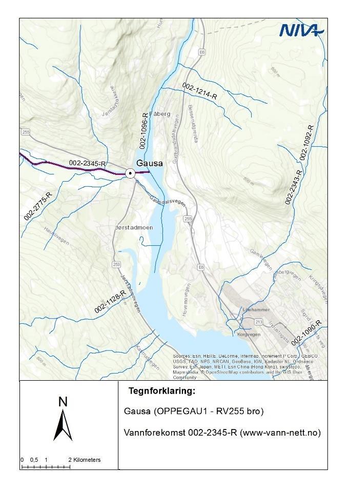 Figur 3. Prøvetakingsstasjoner for begroingsalger og bunndyr i Gausa og Moelva 2017. Tilsvarende stasjoner ble undersøkt av NIVA i 2011. Koordinater for stasjonene er angitt i Tabell 4. 2.2.3 Bunndyr Prøver av bunnfauna ble tatt fra én lokalitet i Moelva og én lokalitet i Gausa den 17.