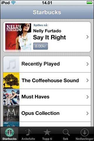 Finneuthvilkensangsomspilles m Trykk på Starbucks. Sangen som spilles, vises øverst på skjermen. Trykk på sangen for å se hvilket album sangen er fra, og hvilke andre sanger som er på albumet.
