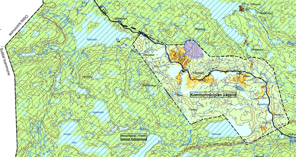 3.3. Kommuneplanar I gjeldande arealdel til kommuneplanen for Vinje kommune (2011 2023) er E134 vist med line medan planområdet elles i hovudsak vist som LNF-område med omsynssone villrein.