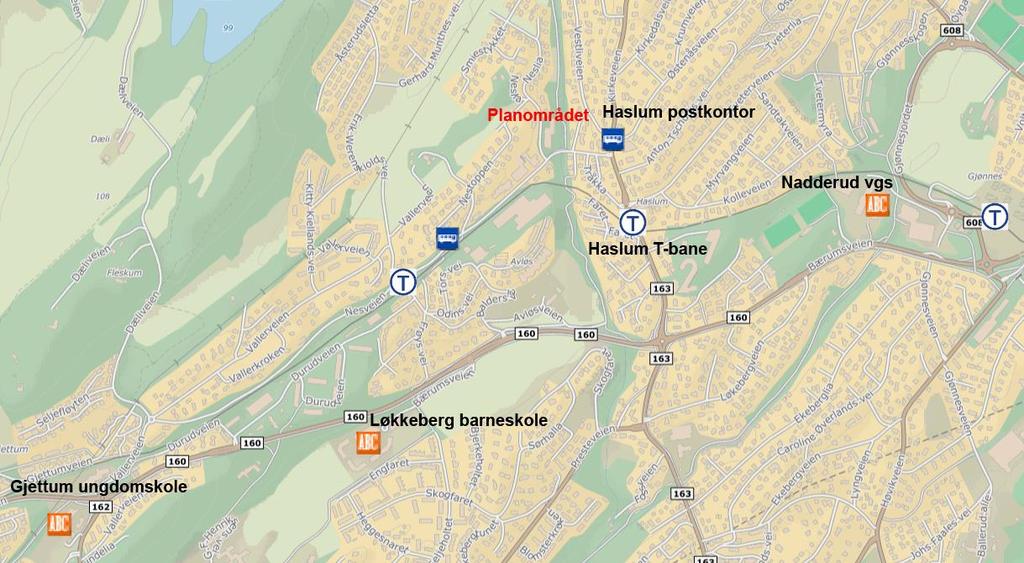 1 Dagens situasjon Planområdet ligger sentralt plassert på Haslum med 400 meter til T-banen og 200 meter til bussholdeplass og matbutikk.