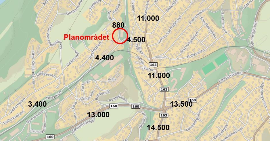 Figur 3 ÅDT på veinettet ved planområdet 1.3 Trafikkulykker i perioden 2006-2016 I kartet i figur 4 er trafikkulykkene på lokalveienettet ved planområdet i perioden 2006 til i dag vist.