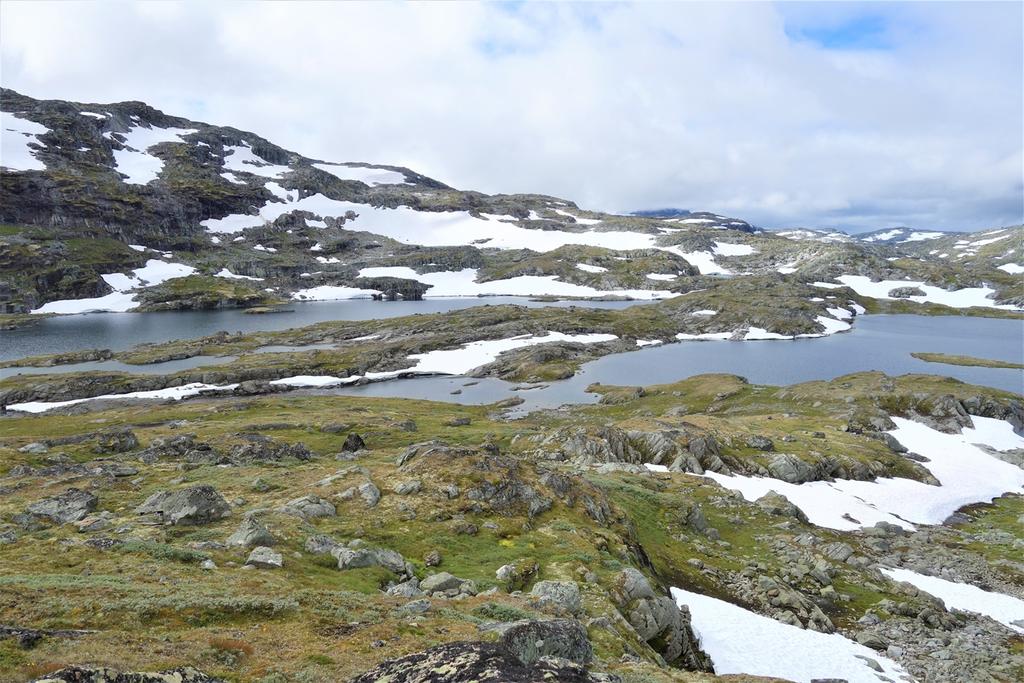 Mot sørvest frå tjerna Aurkvea og Skuggevatnet på stigen mot Sognefjellhytta. I synsranda, i skodda, ligg Steindalsnosi og Fanaråken.