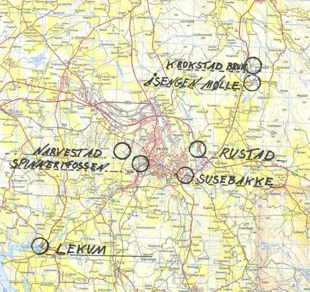 1. Lokalisering av de åtte kraftstasjonene Vannføringen i Hæra har blitt utnyttet på hele elvas utstrekning gjennom kommunen. På grensen mot Trøgstad møtte vannet først Krokstad bruk.