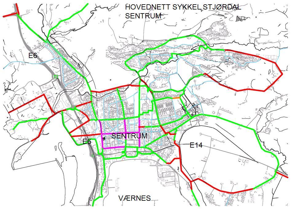 Utsnitt av vedtatt hovednett for sykkel (sentrum) i 2009 ( Rødt/lilla=mangelfullt, grønt=ok, turkis=lokal rute) Etter at hovednett for sykkel ble vedtatt i 2009 er det gjennomført flere prosjekter i