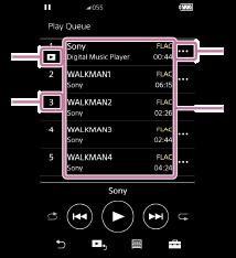 Avspillingskø-skjerm Du kan sjekke listen over spor som Walkman vil spille med de gjeldende innstillingene. Vise Avspillingskø-skjermen Sveip avspillingsskjermen mot høyre. 1. Gjeldende spor 2.