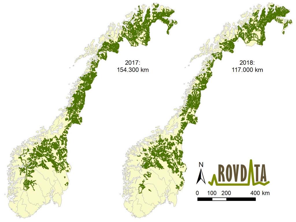 Figur 2. Geografisk fordeling av innsatsen ved yngleregistrering av jerv i Norge i 2017 og 2018.