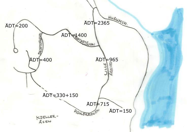 Figur 7 Trafikkmengder med atkomst fra øst for full utbygging på Kjelleråsen og del av Åros syd. Fiskekroken er en grusvei med lite trafikk i dag.