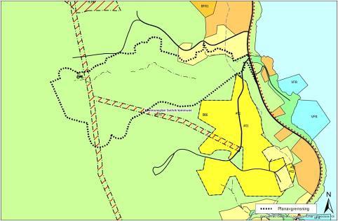 Figur 2: Utsnitt av kommuneplanen hentet fra planbeskrivelsen. Planavgrensning vises som svart stiplet linje. Planområdet er avsatt til LNFR (grønt) og boligbebyggelse nåværende (lys gult).
