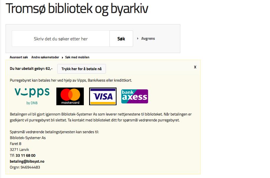 Klikk på knappen «Trykk her for å betale nå» du blir da sendt videre til betalingsløsning, hvor du kan velge hvordan du betaler purringen.