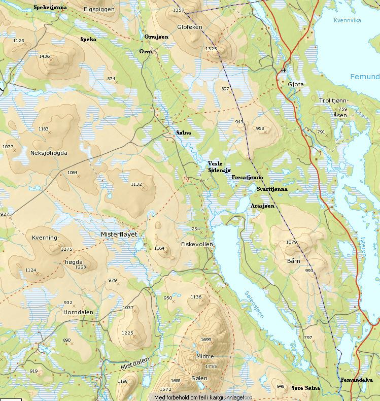 Fig 1: Driftsplanområdet fra Speketjønna og Speka i nord til der Søndre Sølna renner ut i Femundelva.