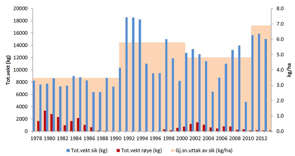Fig 2: Fangstatistikk fra Sølensjøen på røye (rød søyle) og sik (blå søyle) i perioden 1978 til 2013 (kilde: Sølensjøen lotteierlag og Rudstdbakken et al. 2014).