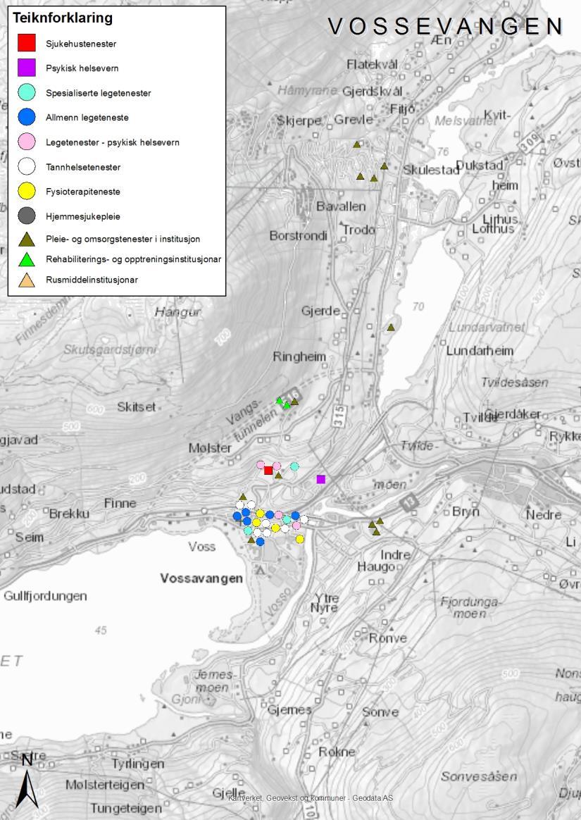 Tilsette VOSS 600 500 400 Allmenn legeteneste Fysioterapiteneste Legetenester - psykisk helsevern 300 200 100 0 Regionsenter Kommune- og lokalsenter Figur 14: Tilsette etter helseteneste og