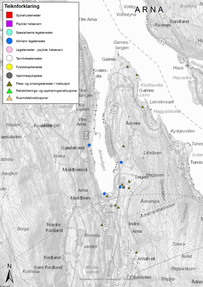 Tal tilsette ARNA 700 600 500 400 300 200 100 Allmenn legeteneste Fysioterapiteneste Hjemmesjukepleie Pleie- og omsorgstenester i institusjon Tannhelsetenester 0 Regionsenter Kommune- og lokalsenter