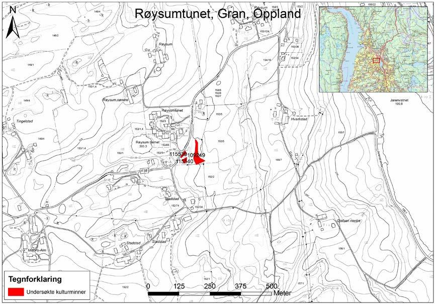 Figur 2: Oversiktskart over Røysumtunet med de undersøkte kulturminnene avmerket. Kartgrunnlag: Statens kartverk. Tillatelsesnummer NE12000-150408SAS. Produsert av Ingar M. Gundersen 09.06.2011. 3.