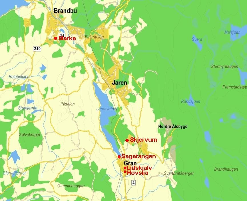 Tomtene Skjervum (SHOS), eksisterende sykehjem Hovslia, felt nr 24 i kommunedelplan Vassenden, Gran sentrum Sagatangen, felt 2 og 3 i kommunedelplan