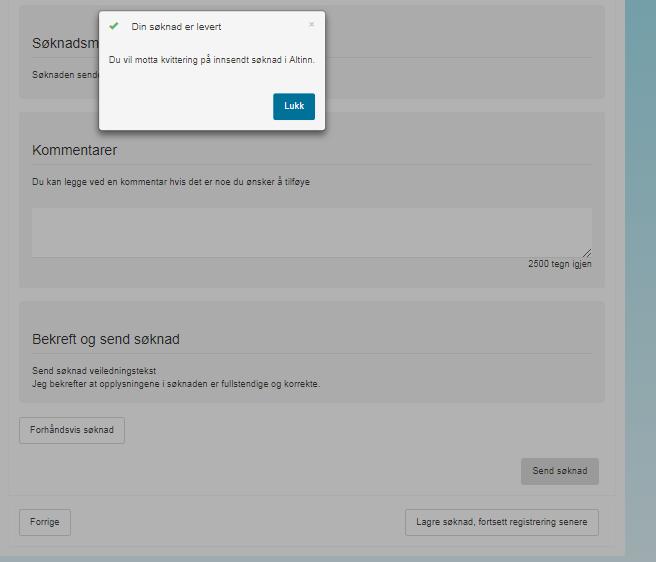 Innsending, kopi av søknad kommer i Altinn