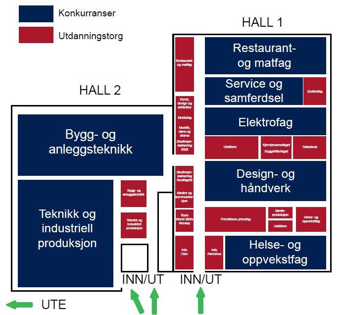 Hallkart over de to hallene på X-Meeting Point, Hellerudsletta. Utenfor hall 2 er det NM konkurranser i Yrkessjåførfaget og anleggsmaskinførerfaget. Åpningstider for arrangementet: 23. og 24.